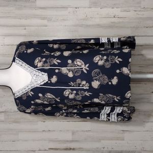 Cruel Denim Navy Blue Floral Long Sleeve Blouse
